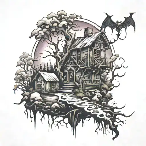 Demonic Landscape Tattoo Featuring Pain Hurt Torture