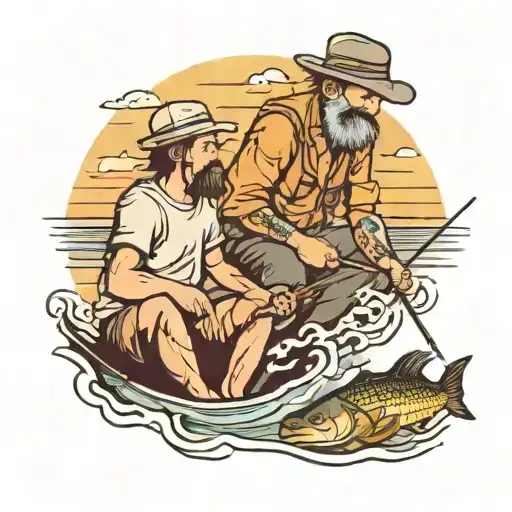 Father And Son Fishing By The Sea With A Sunset