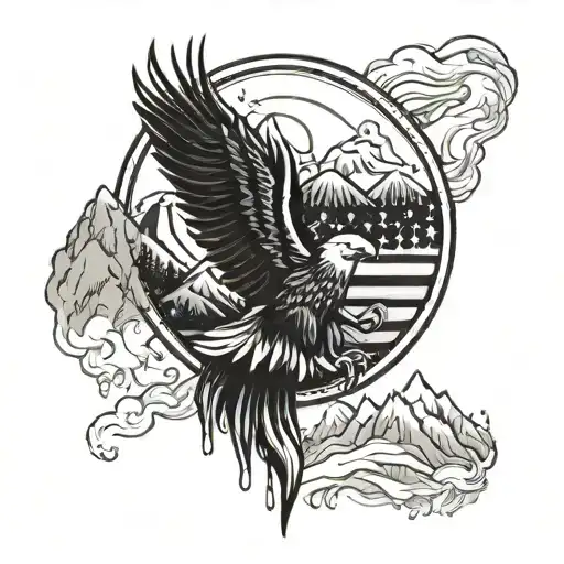 Black And White American Flag Background With Mountains In A Circle