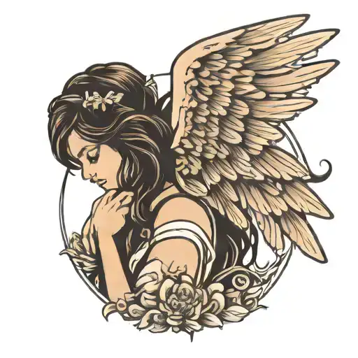 Silouette Of A Girl With Angel Wings That Hugs Herself