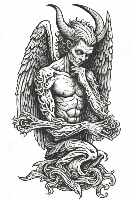 An Angel With Wings And No Head Holding Out The Head Of A Devil