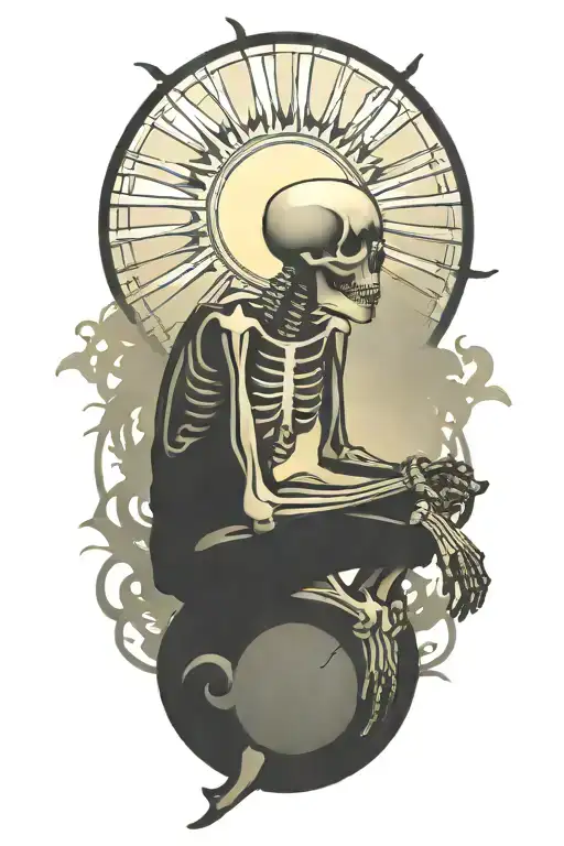 Skeleton Meditating With Big Sun Behind Him