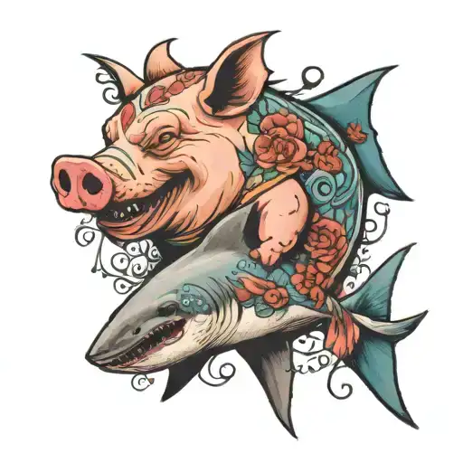 Pig In A Wedding Viel Standing Next To A Shark Holding The Shark's Fin