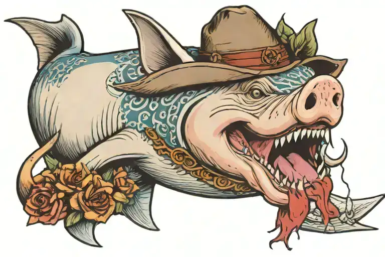 Pig Wearing Wedding Veil Hidding Mouth Open Standing Next To A Shark In A Cowboy Hat