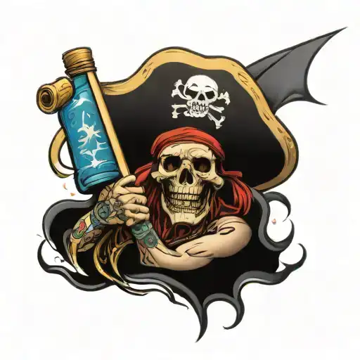 Dead Pirate Carries Flag And Bottle Of Rum