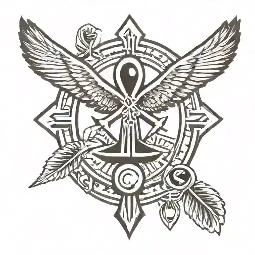 Ankh Symbol With Eagle And Eye And Hieroglyphs In The Background