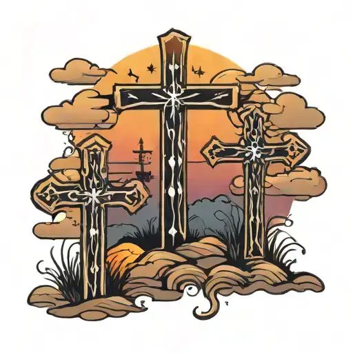 Three Crosses With Sunset In Background