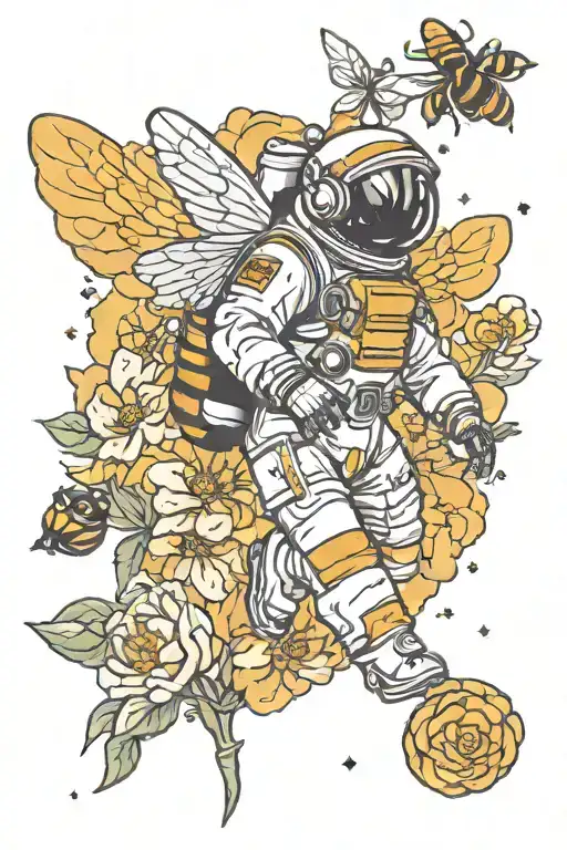 Astronaut With The Wings Of A Bee Hovering Over A Flower