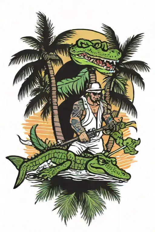 Palm Trees And Florida Man Riding Alligator