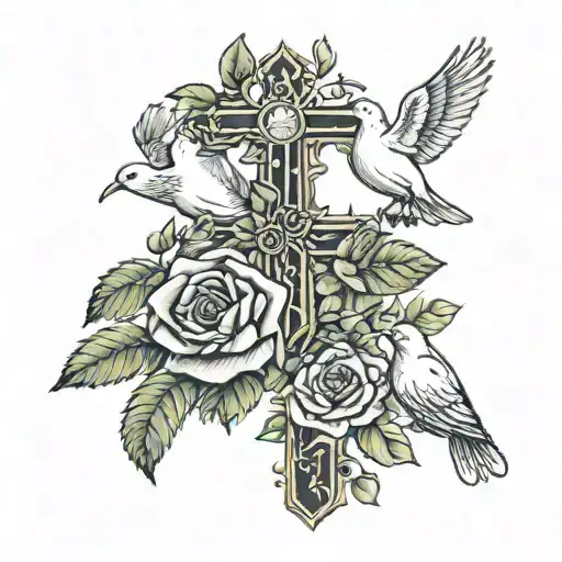 Cross With The Name Ester And Grandmama In A Rose Bush With Two Doves Flying Over