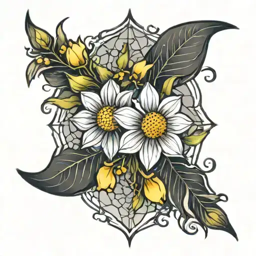 Daisy And Daffodil Stems With Spiderwebs