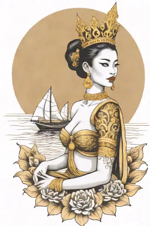 Goddes Golden Thai Crown Incorporate Sail Boat In The Background