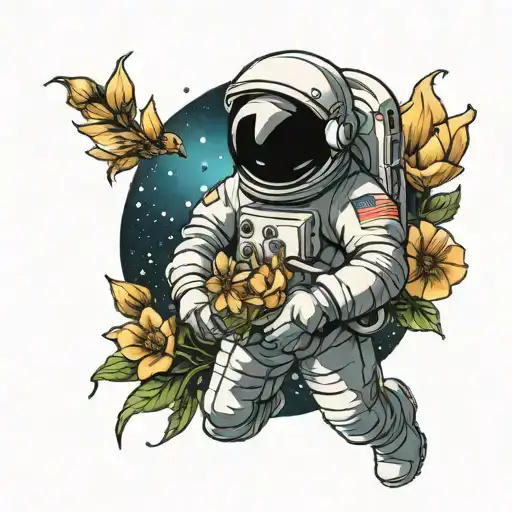 Astronaut Holding Flowers In Space Surrounded