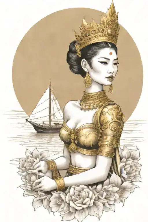 Goddes Golden Thai Crown Incorporate Sail Boat In The Background