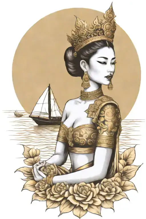 Goddess Gold Thai Crown Praying Incorporate Sail Boat In The Background
