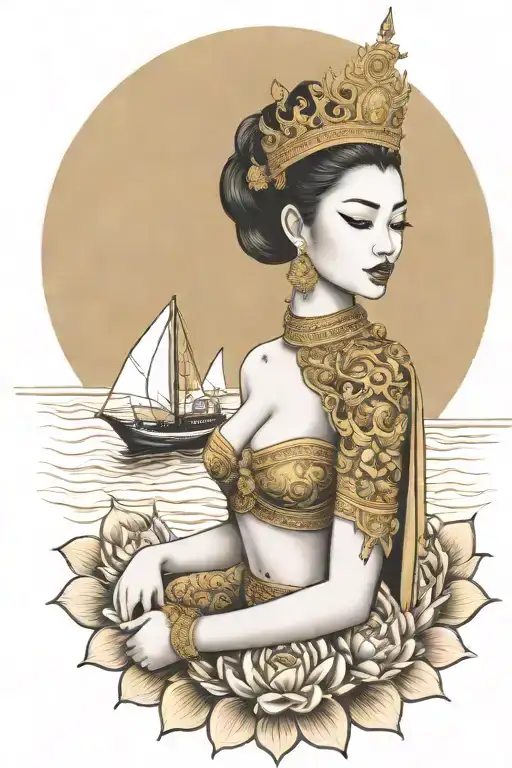 Goddess Gold Thai Crown Praying Incorporate Sail Boat In The Background