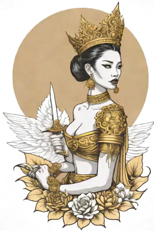 Maiden Holding Sword And Wearing Traditional Thai Clothings And Golden Crown