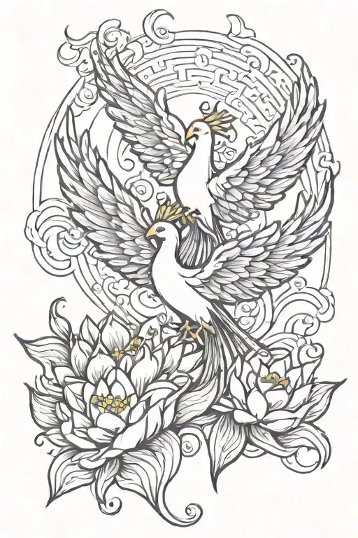 Pheonix Wings Spread Rising From Blooming Lotus Flower