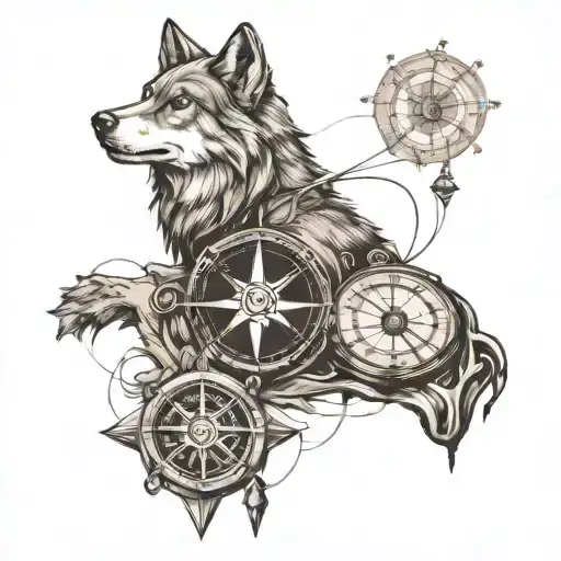 Draw A Sketch Of A Tattoo With A Compass And A Wolf
