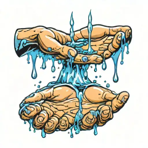 Two Tone Blue Detailed Water Droplet Dripping Into Open Hands With Water Pouring Out Into A Puddle