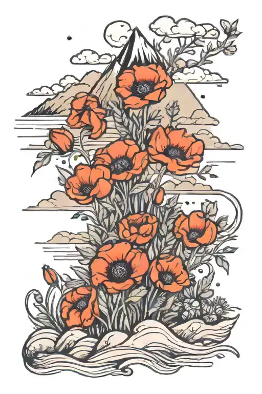 A Field Of Poppies With A Mountain Landscape Tattoo Featuring