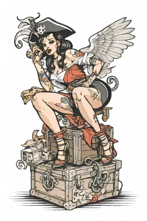 Pinup Pirate With On Foot On Full Treasure Chest