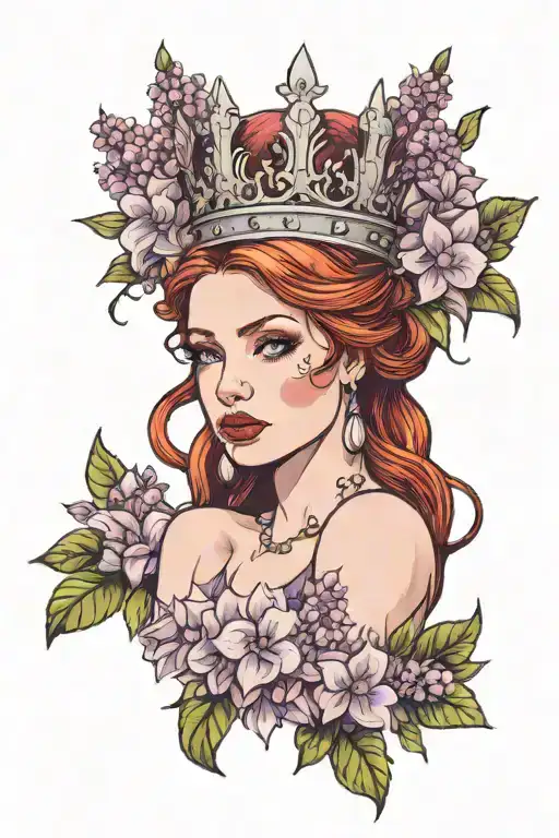 Redhead Woman With Crown Surrounded By Lilac Flowers