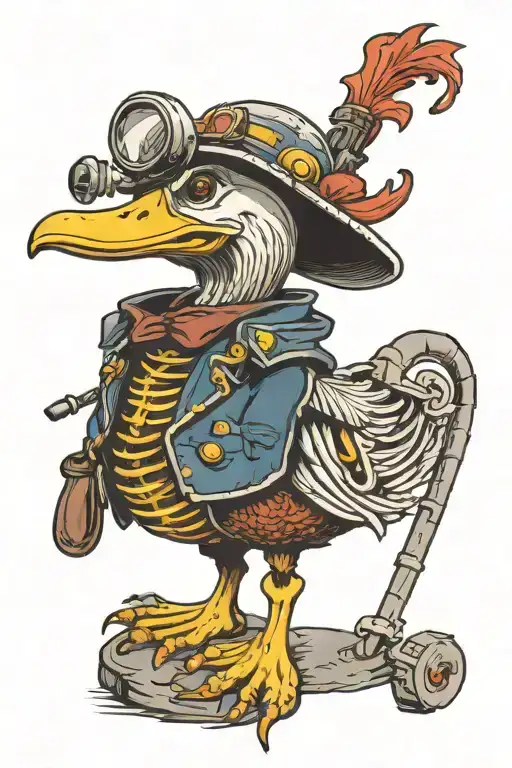 Skeleton Of A Duck Wearing A Fire Helmet Also Holding A New York Hook