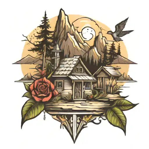 Create A Tattoo With 3 Daggers And Mountain Landscape With Small Hut And Birds In The Bacground