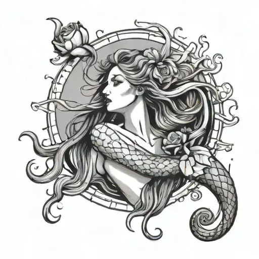 Black And White Line Work Mermaid Reaching For The Sun With A Rose In Her Hair No Background