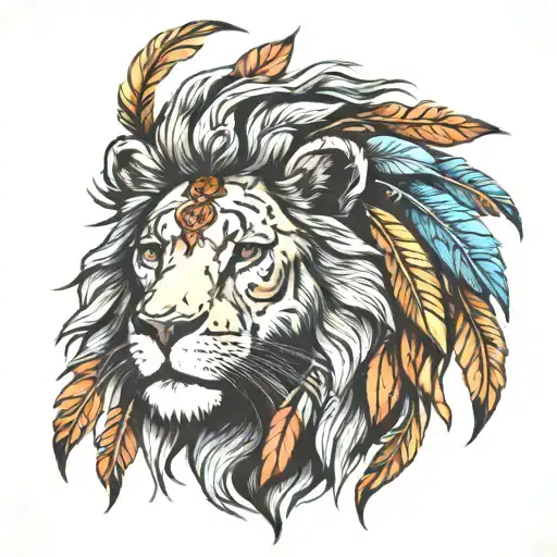 Female Lion Face With Feathers Hanging In Mane Showcasing Strength