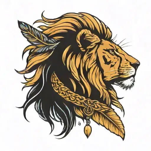 Femmale Lion With Feathers Hanging From Mane Showcasing Strength