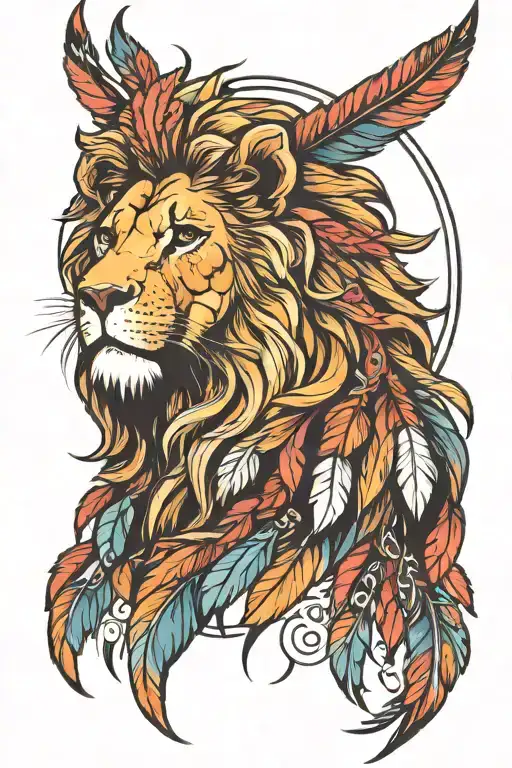 Femmale Lion With Feathers Hanging From Mane Showcasing Strength
