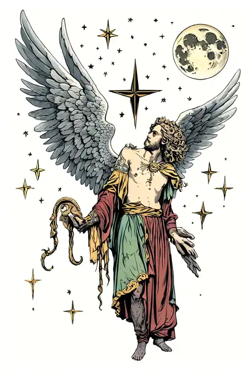 Night Hymph 1 Large Star Several Small Star Fully Moon A Faded Angel Watches Over A Man