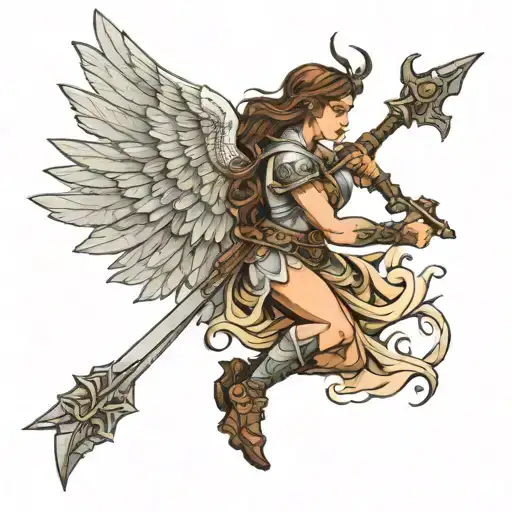 Side View Of Female Angel Warrior Wielding