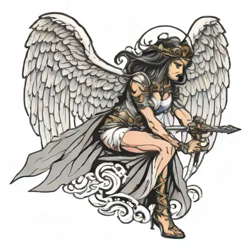 Side View Of Female Angel Warrior Wielding A Sword