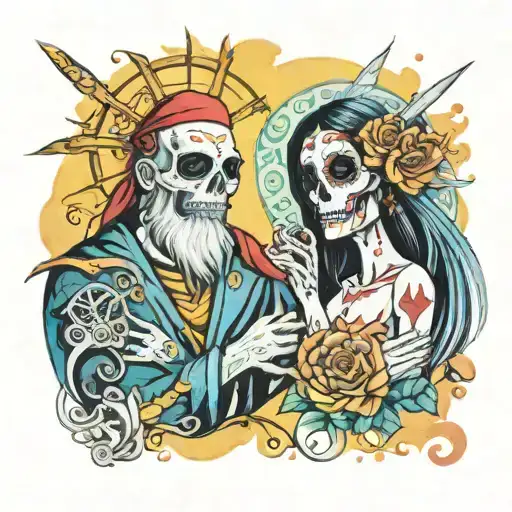 Santa Muerte Watercolor Love Couples With Sun