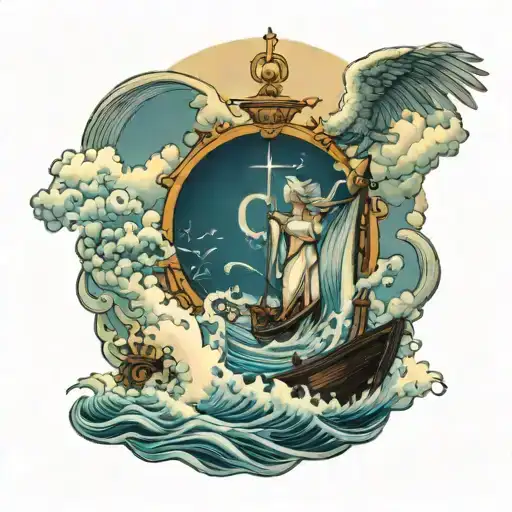 Stormy Sea Heaven Gates Two People On The Boat And Angel In The Sky