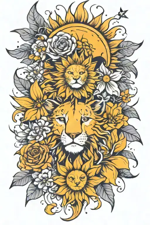 Leo Zofiac And Sun And Moon And Flowers