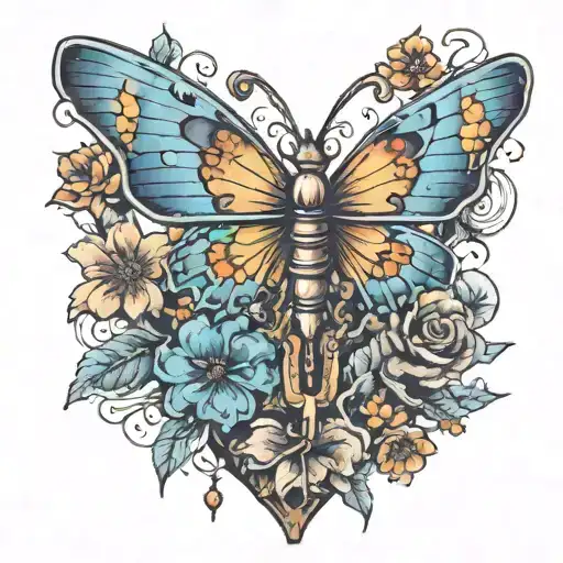 A Fairy Key With A Blue Butterfly Over It And Around The Japanese Dead Flowers