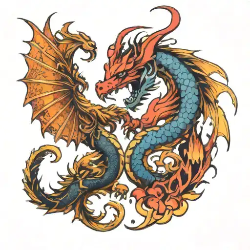 Dragon And Phoenix Fighting But Tails Make Heart