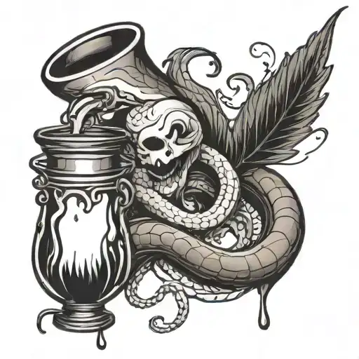 White Snake Wrapped Around A Flask Dripping Venom In A Chalice