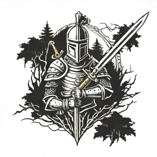 Knight With A Sword Behind The Forest