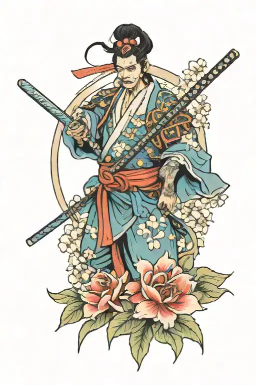 Japanese Sleve Tattoo Featuring Samurai Mas And Blue Flowers