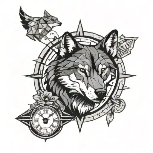 Geometric Wolf Tattoos Surrounded By Clock Face