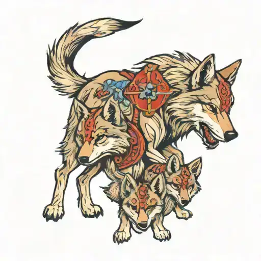 Wolf Mother 3 Cubs Medieval Style