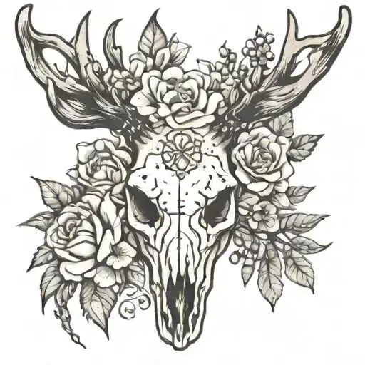 Deer Skull With Bear Cub Between Antlers With Flowers Along Antlers