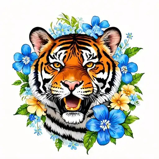 Tiger And Forget Me Not Flowers