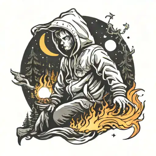 Moon Stars Forest Fire Man In A Hoodie
