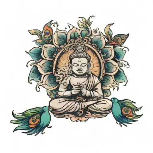 Buddha With Peacock Tattoo Design